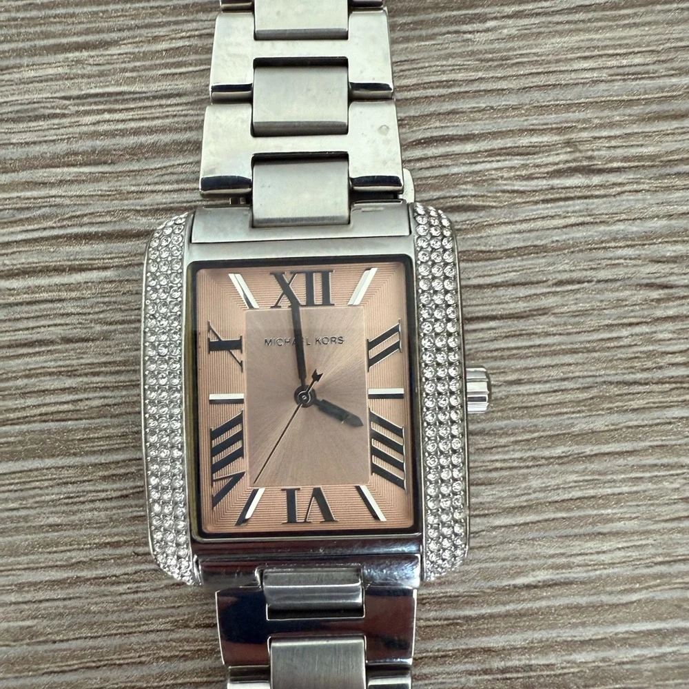 Michael Kors Pink and Silver Stainless Steel Rectangular Bracelet Watch